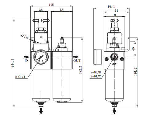 Combinaison Mini FRL en acier inoxydable 3